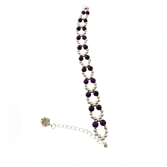 Purple Carnelian Chalcedony and Silver Seed Bead Bracelet with Adjuster - Picture 3 of 10